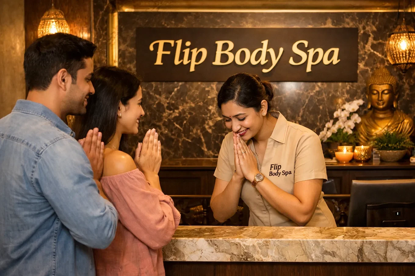 Flip Body Spa reception welcoming guests in Gurugram